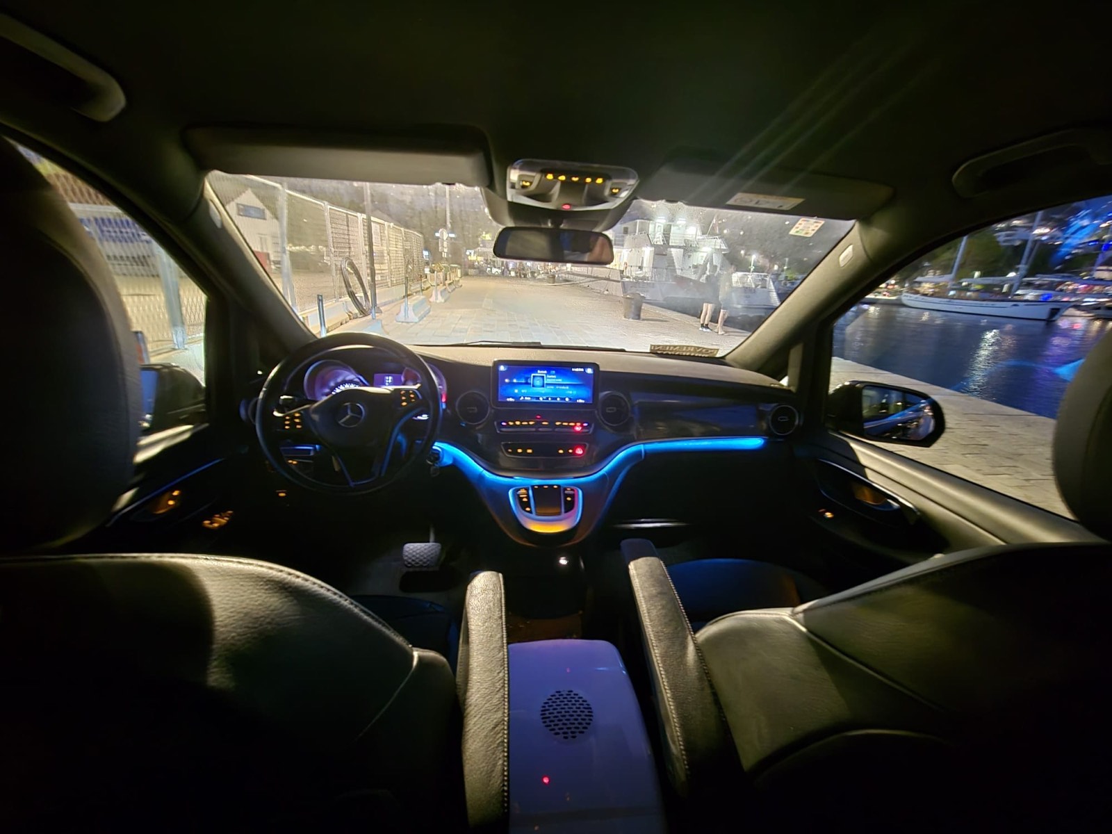 Interior of a private Mercedes transfer vehicle at night in Dubrovnik